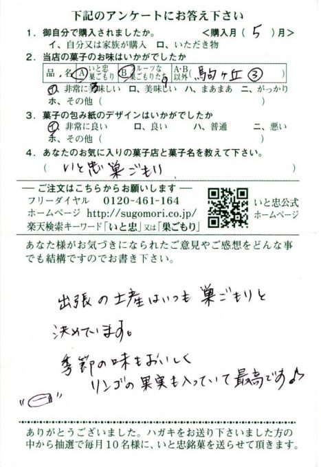 出張の土産はいつも巣ごもりと決めています